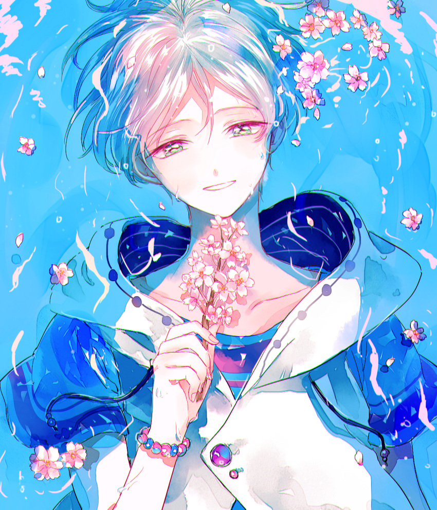 1boy, ahma, bracelet, buttons, cherry_blossoms, collarbone, commentary_request, ensemble_stars!