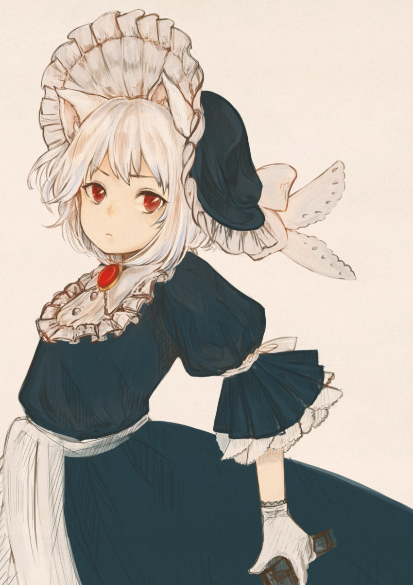 1girl, alternate_costume, animal_ears, apron, bangs, beige_background, bonnet, brooch