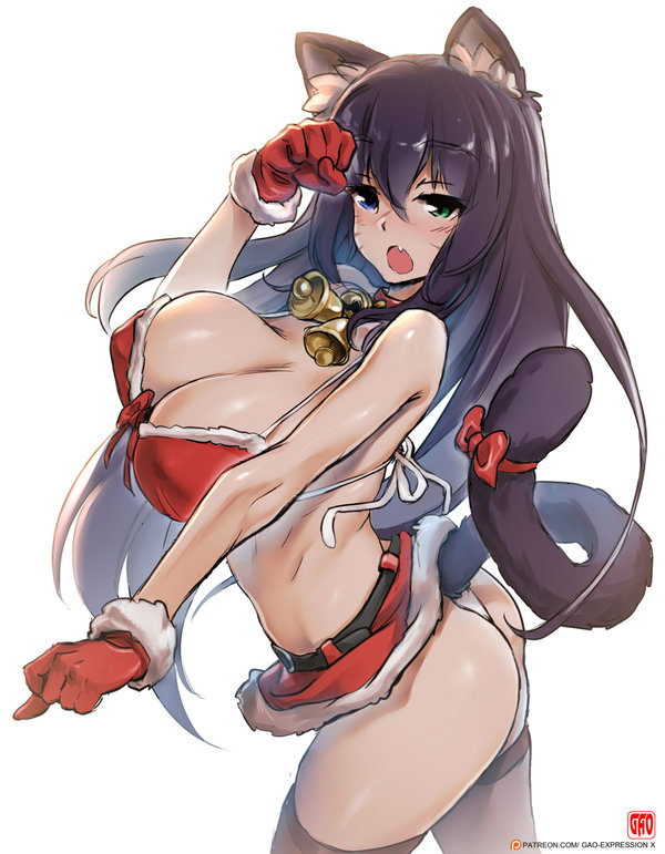 1girl, animal_ears, ass, bangs, bare_shoulders, bell, bell_choker, bikini_top