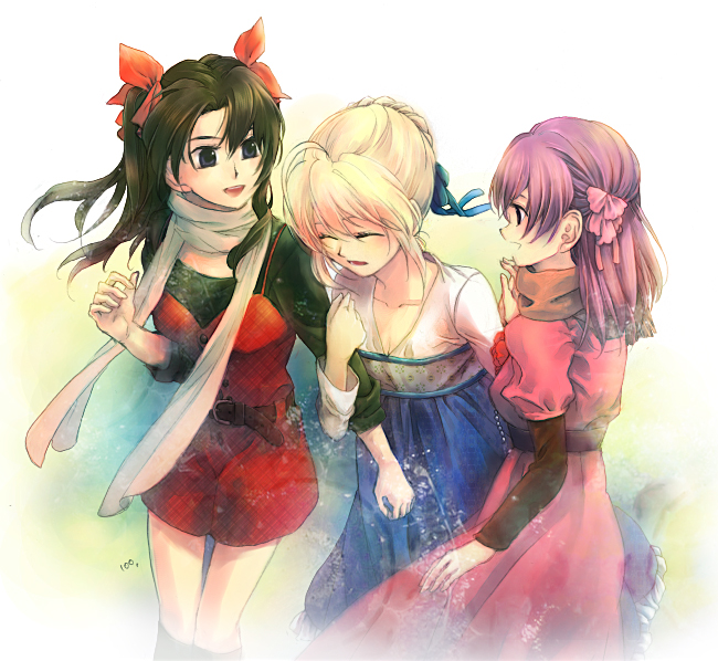 ahoge, bad_id, black_hair, blonde_hair, breasts, casual, cleavage, closed_eyes