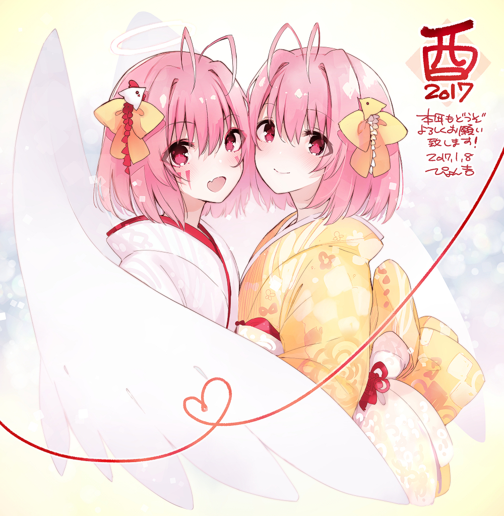2017, 2girls, :d, angel_wings, antenna_hair, apollo_(kaminomi), bow, dual_persona