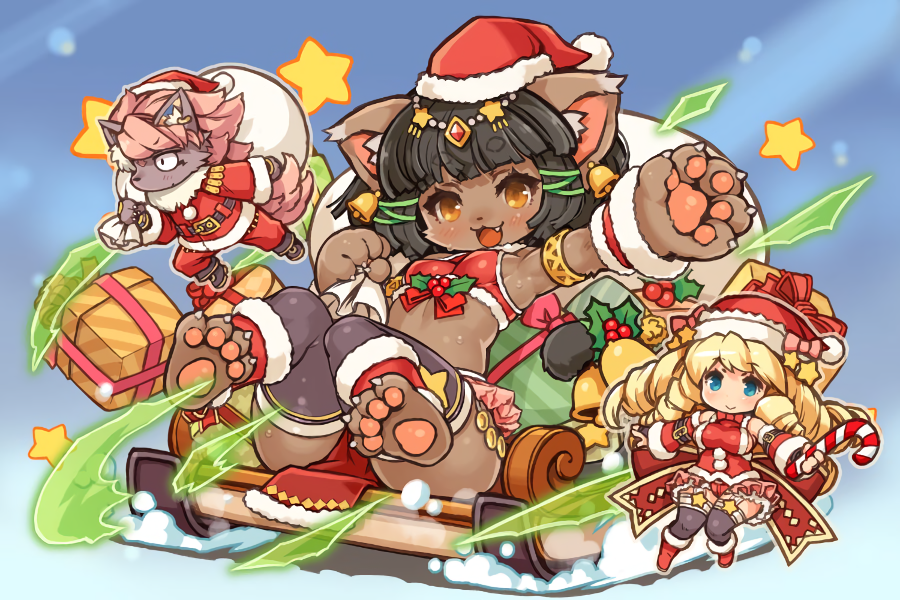 1boy, 2girls, animal_ears, aqua_eyes, armlet, bastet_(fullbokko_heroes), bell, black_hair