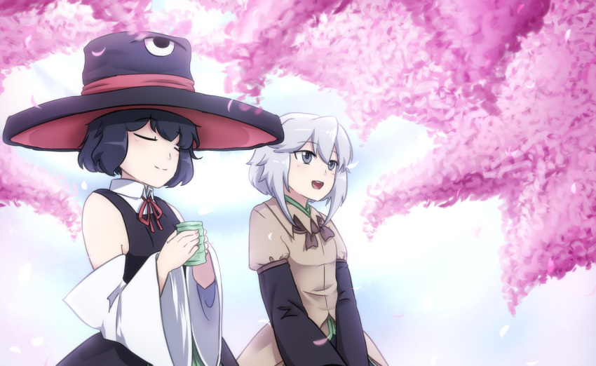androgynous, big_hat, black_hair, bow, cherry_blossoms, coat, detached_sleeves, enraku_tsubakura, grey_eyes, grey_eyes, hat, highres, houren_yabusame, len'en, lenk64, open_mouth, red_ribbon, ribbon, short_hair, short_hair_with_long_locks, shorts, silver_hair, smile, tea, top_hat