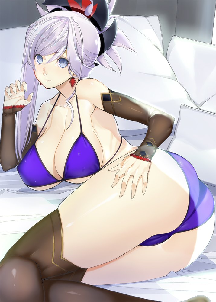 1girl, ass, asymmetrical_hair, bed_sheet, bikini, blue_bikini, blue_eyes, blush