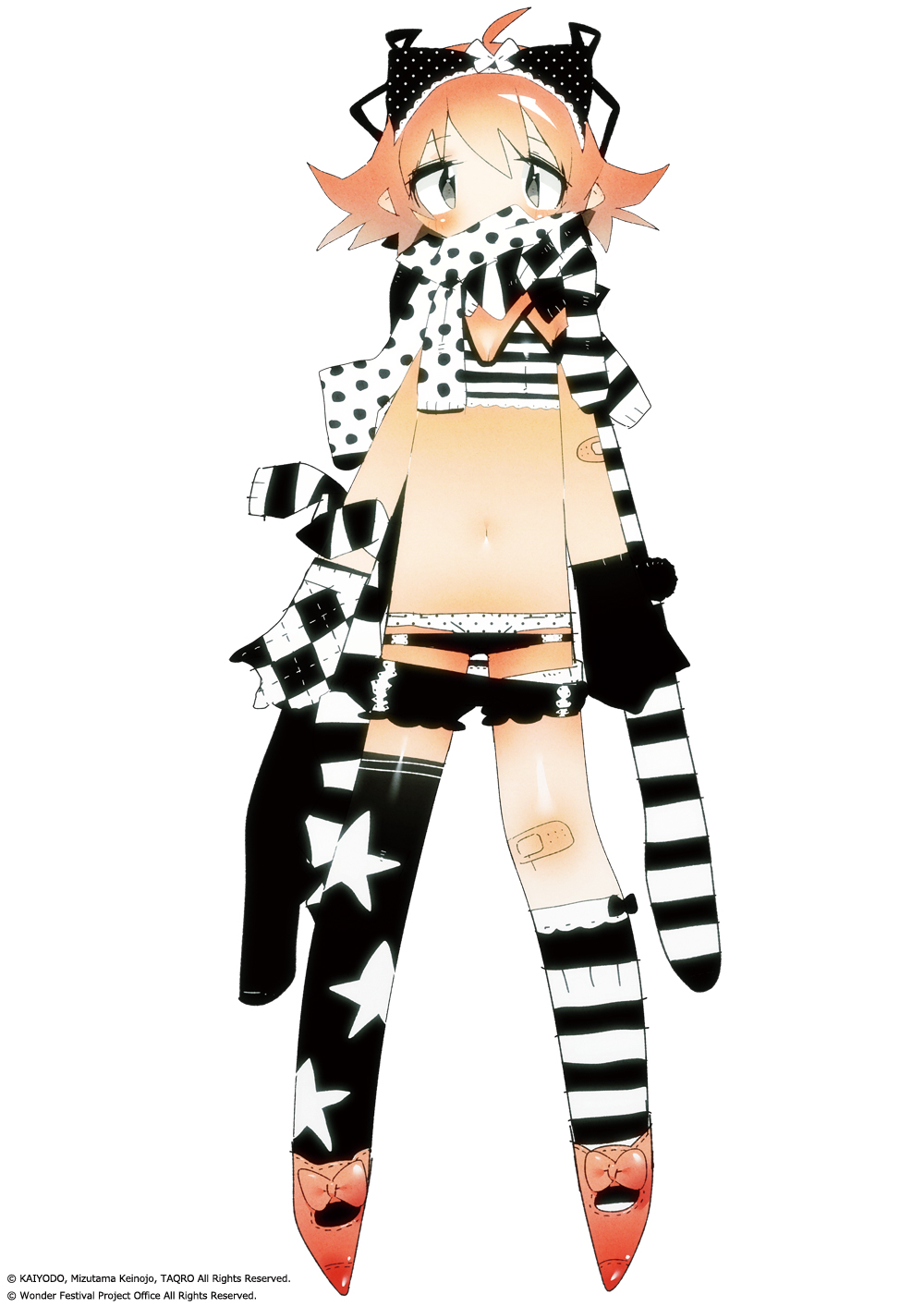 1girl, ahoge, argyle, argyle_gloves, bandaid, bandaid_on_arm, bandaid_on_knee, bikini, bikini_top, black_gloves, covered_mouth, flipped_hair, gloves, grey_eyes, highres, kneehighs, mismatched_gloves, mismatched_legwear, official_art, panties, polka_dot, polka_dot_legwear, polka_dot_panties, red_shoes, redhead, scarf, shoes, short_hair, simple_background, star, star_print, striped, striped_bikini, striped_legwear, swimsuit, taqro, thigh-highs, thigh_strap, underwear, wanda_(wonder_festival), watermark, white_background, white_gloves, wonder_festival, wonder_festival_mascots