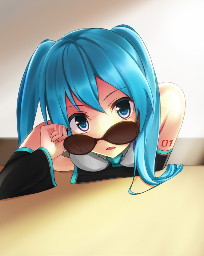 1girl, aqua_eyes, aqua_hair, detached_sleeves, glasses_lift, hatsune_miku, leaning_over, long_hair