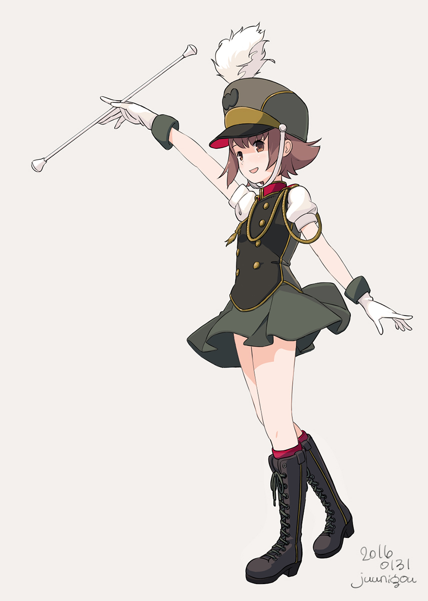 1girl, artist_name, band_uniform, baton, boots, brown_eyes, brown_hair, cross-laced_footwear
