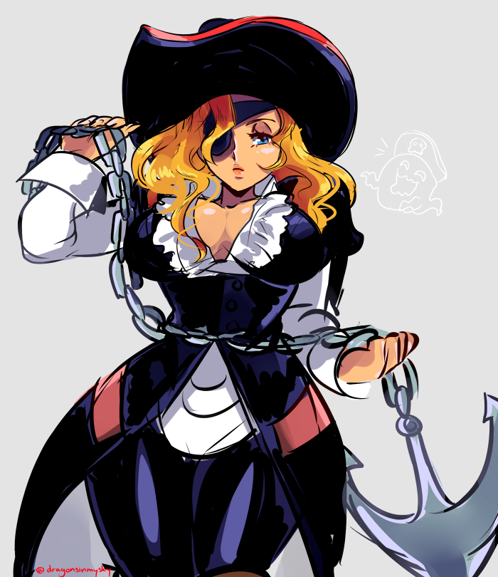 1girl, anchor, black_legwear, blonde_hair, blue_eyes, breasts, chains, cleavage