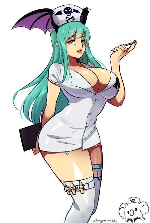 1girl, bat_wings, breasts, cleavage, d-ryuu, demon_girl, eyeshadow, garters, green_eyes, green_hair, hat, head_wings, large_breasts, lips, makeup, morrigan_aensland, no_bra, nurse, nurse_cap, solo, succubus, thigh-highs, uniform, vampire_(game), white_legwear, wings