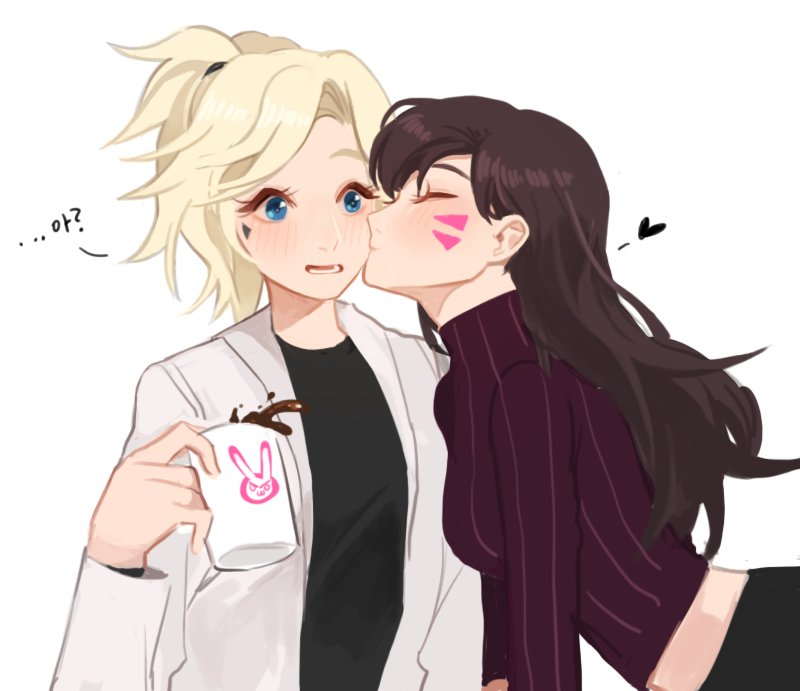 2girls, bangs, blonde_hair, blue_eyes, blush, brown_hair, casual, cheek_kiss