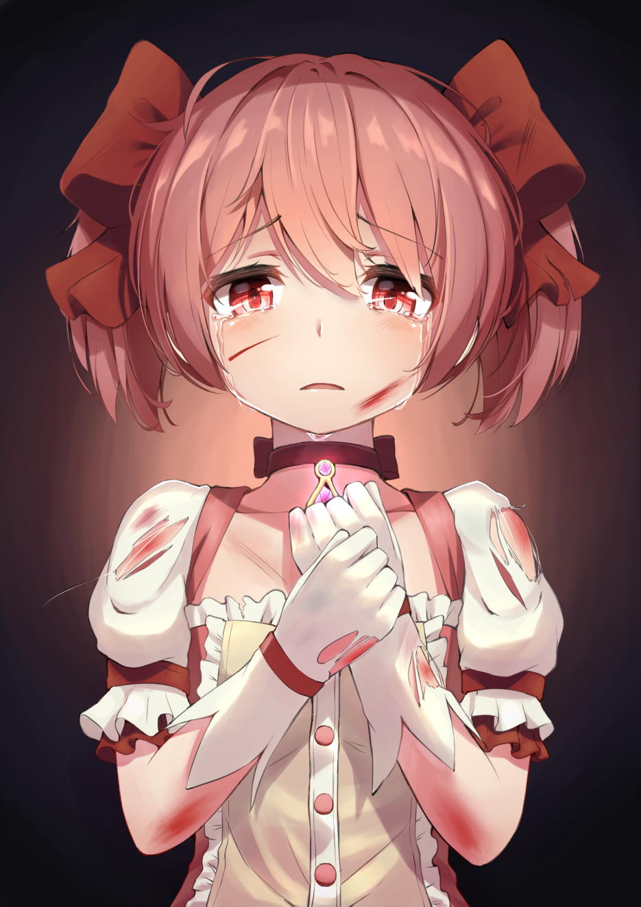 1girl, bangs, collarbone, crying, crying_with_eyes_open, eyebrows_visible_through_hair, gloves, hair_ribbon