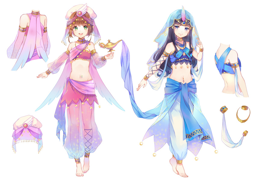 2girls, :d, anklet, arabian_clothes, armlet, bangs, bare_shoulders, barefoot