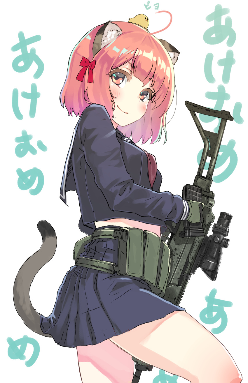 1girl, absurdres, acog, ahoge, ak-5, akeome, animal, animal_ears, animal_on_head, assault_rifle, bangs, black_serafuku, black_skirt, blush, bob_cut, cat_ears, cat_tail, chick_on_head, closed_mouth, commentary_request, cowboy_shot, crop_top, crop_top_overhang, eyebrows_visible_through_hair, from_side, gloves, green_gloves, gun, happy_new_year, highres, holding, holding_gun, holding_weapon, knee_up, load_bearing_equipment, looking_at_viewer, magazine_(weapon), neckerchief, new_year, on_head, oota_youjo, original, pink_eyes, pink_hair, rifle, school_uniform, serafuku, short_hair, skirt, smile, solo, tail, weapon