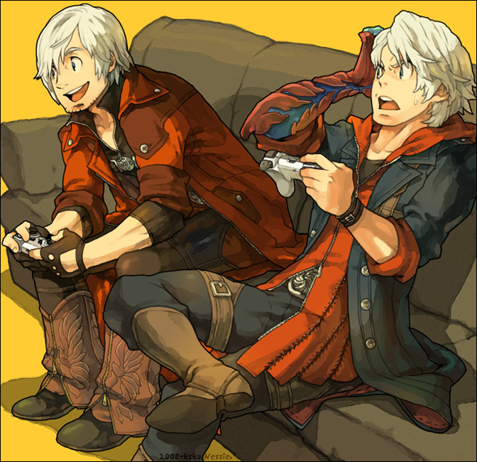 blue_eyes, couch, dante, devil_bringer, devil_may_cry, male, nero_(devil_may_cry), nessie