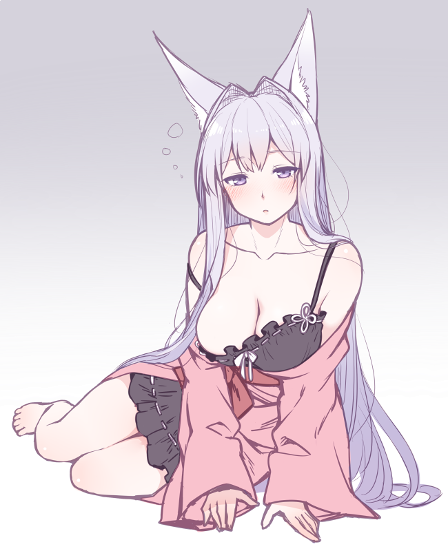 1girl, animal_ears, arm_support, bare_legs, bare_shoulders, barefoot, blush, breasts, camisole, cleavage, collarbone, commentary, dress, fox_ears, gradient, gradient_background, half-closed_eyes, japanese_clothes, kimono, lace, lace-trimmed_dress, large_breasts, long_hair, off_shoulder, original, purple_hair, ryuusei_(ryuuseiseikou), sitting, sleepy, solo, strap_slip, very_long_hair, violet_eyes, yokozuwari