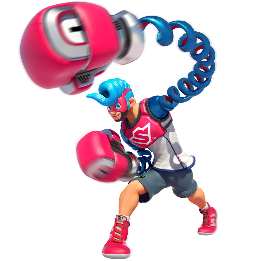 1boy, absurdres, android, arms_(game), blue_hair, boxing_gloves, fighting_stance, full_body