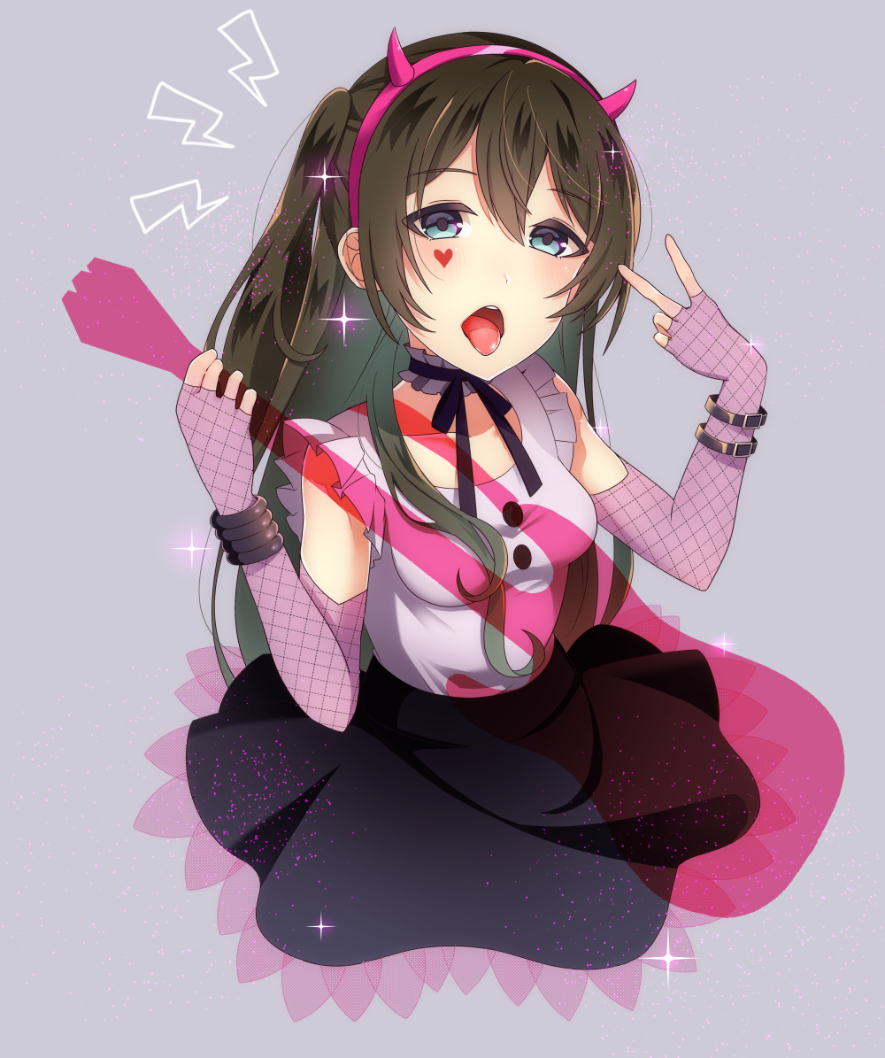 1girl, blue_eyes, blush, brown_hair, demon_horns, fingerless_gloves, fishnet_gloves, gloves