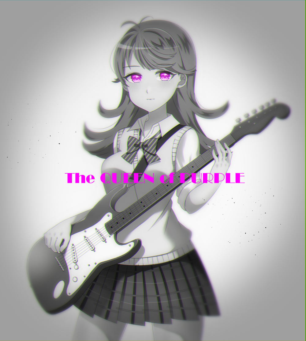 1girl, breasts, greyscale, guitar, instrument, long_hair, makurappoi, monochrome