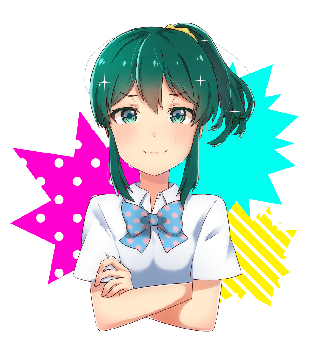 1girl, :3, blush, bow, bowtie, crossed_arms, green_eyes, green_hair