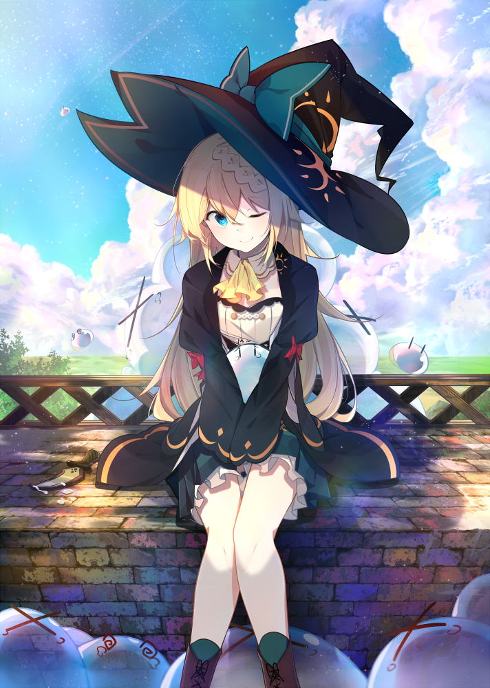 1girl, ;), aizawa_azusa, bangs, blonde_hair, blue_eyes, blue_sky, boots