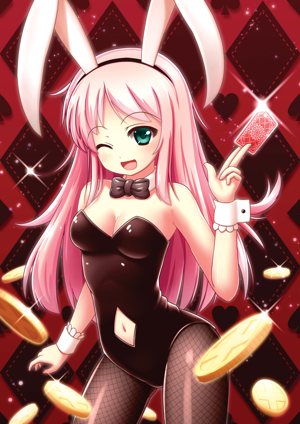 1girl, :d, animal_ears, argyle, argyle_background, between_fingers, black_legwear, black_leotard, bow, bowtie, breasts, bunnysuit, card, checkered, checkered_background, coin, detached_collar, fishnet_pantyhose, fishnets, green_eyes, highres, holding, kazumi_(syoki4230), leotard, long_hair, medium_breasts, navel, navel_cutout, one_eye_closed, open_mouth, original, pantyhose, pink_hair, playing_card, rabbit_ears, smile, solo, strapless, strapless_leotard, wrist_cuffs