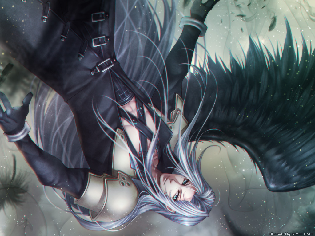 1boy, aimio_nagi, artist_name, black_coat, black_gloves, black_wings, feathers, final_fantasy
