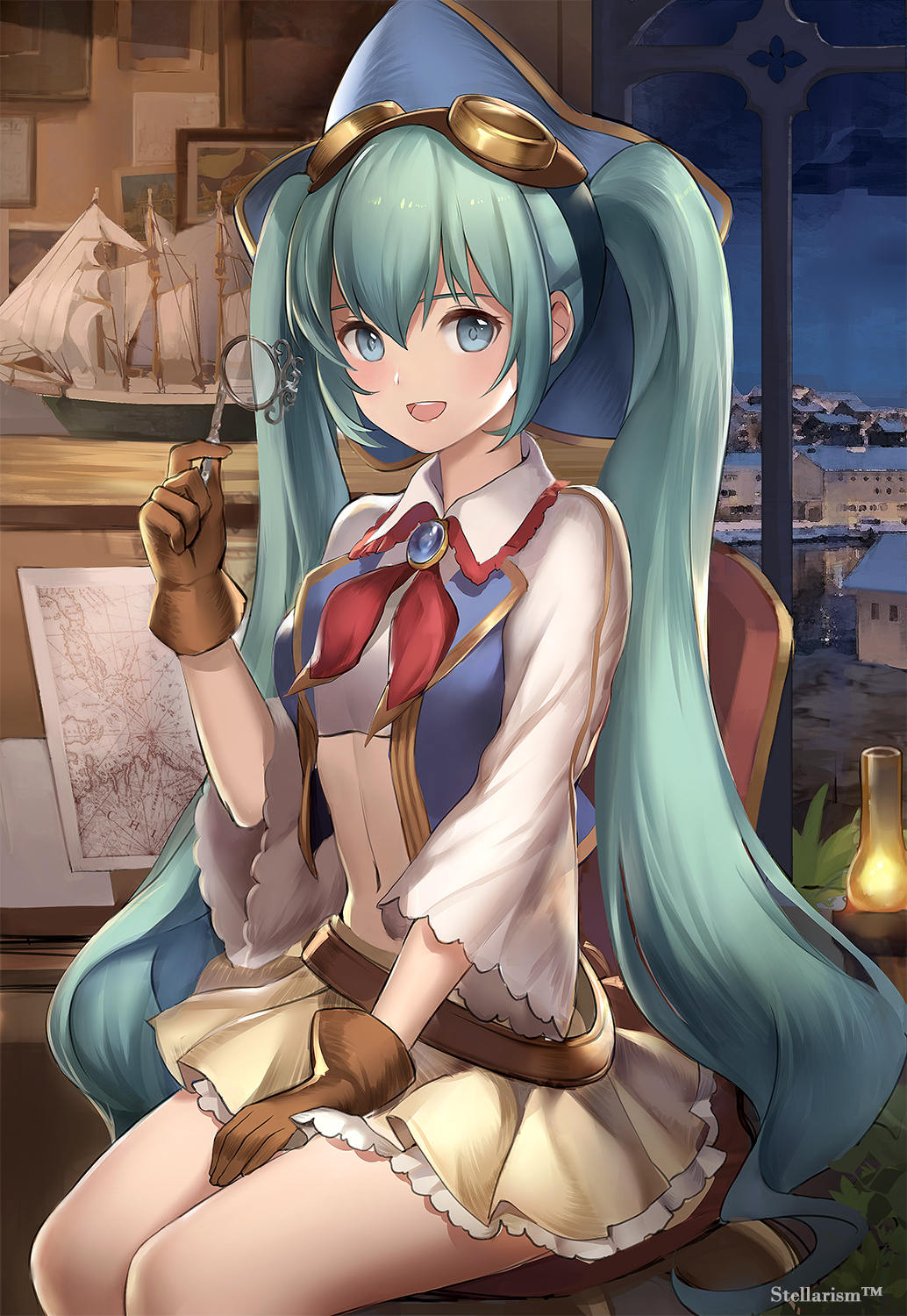 1girl, :d, aqua_hair, belt, blue_eyes, brown_gloves, gloves, goggles