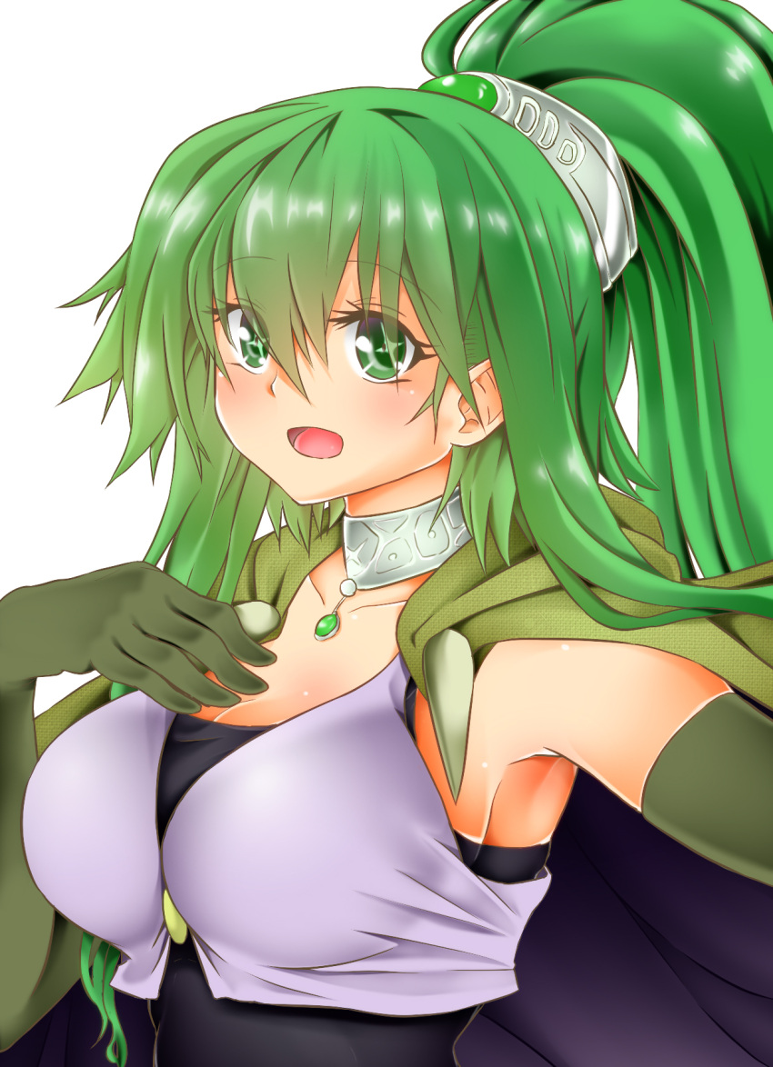 1girl, blush, breasts, collar, duel_monster, gloves, green_eyes, green_hair