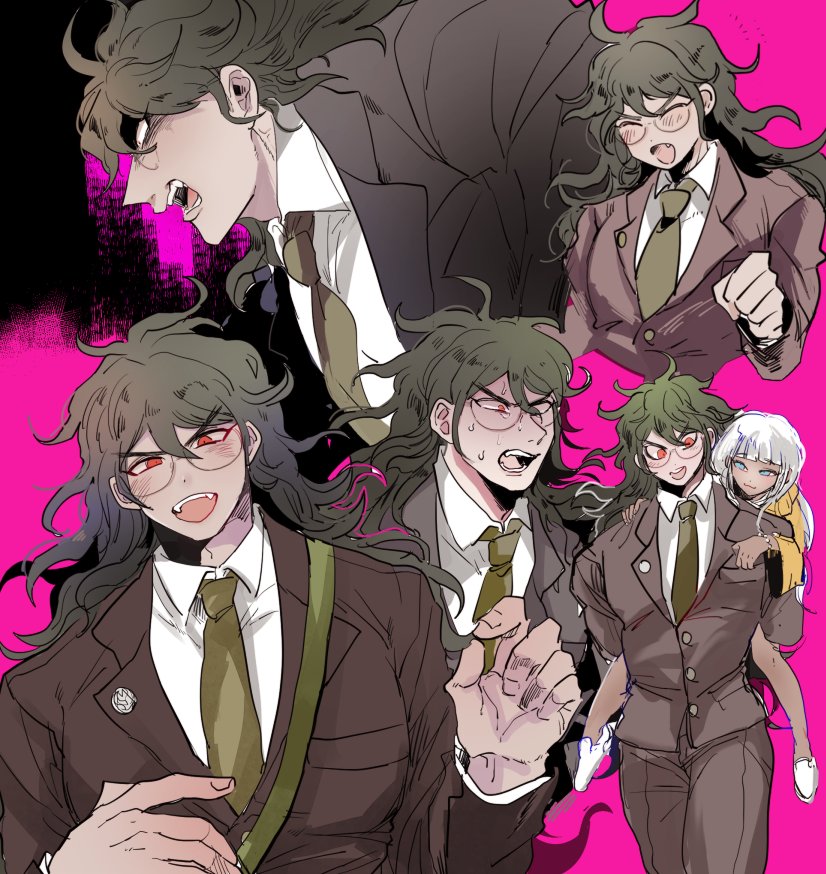 1boy, 1girl, bangs, black_hair, blazer, blue_eyes, blunt_bangs, blush, dangan_ronpa, dark_skin, dark_skinned_male, expressions, fangs, glasses, gokuhara_gonta, green_necktie, jacket, joonoyuki, long_hair, low_twintails, multiple_views, necktie, new_dangan_ronpa_v3, piggyback, pink_background, red_eyes, round_glasses, school_uniform, silver_hair, simple_background, sweat, twintails, yellow_jacket, yonaga_angie