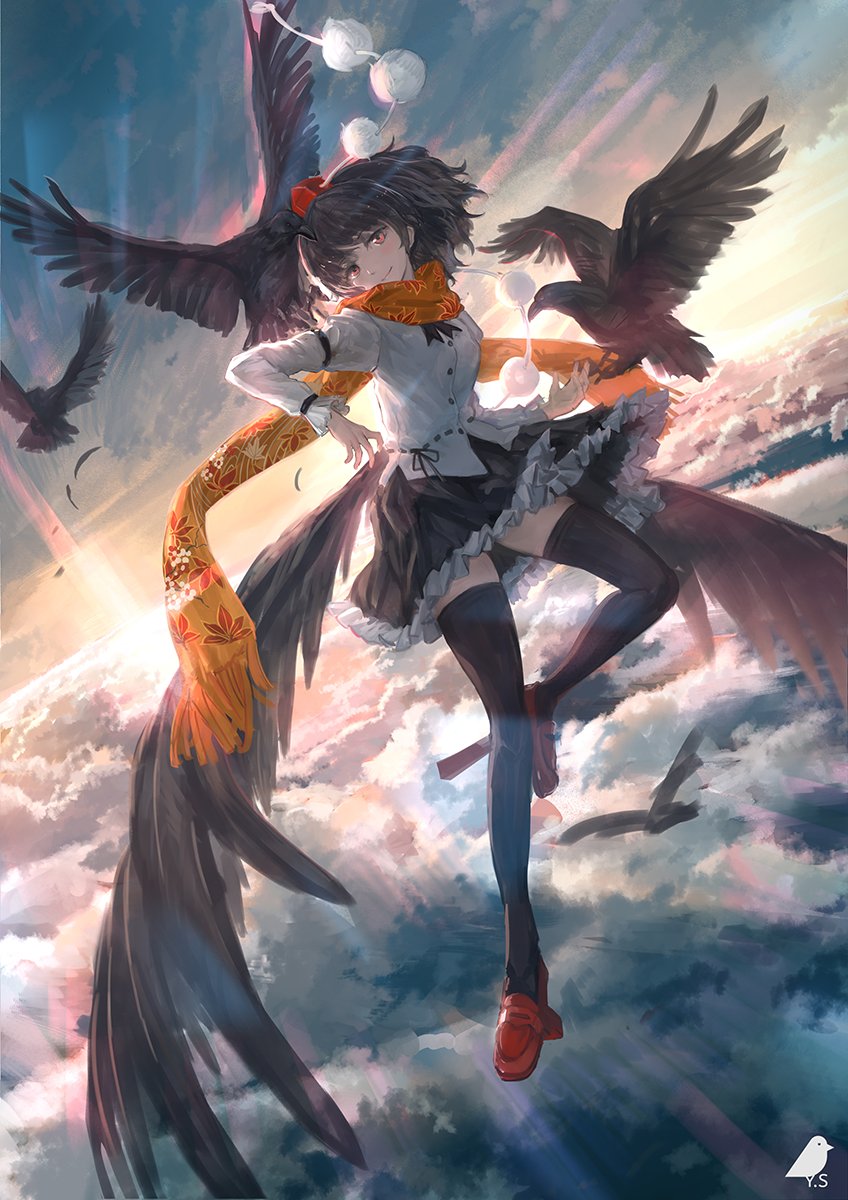 1girl, bangs, bird, bird_wings, black_hair, black_legwear, black_ribbon, black_skirt