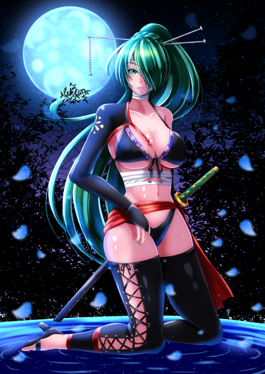 1girl, bikini, breasts, cross-laced_legwear, full_body, full_moon, fuyuki_jun, green_eyes