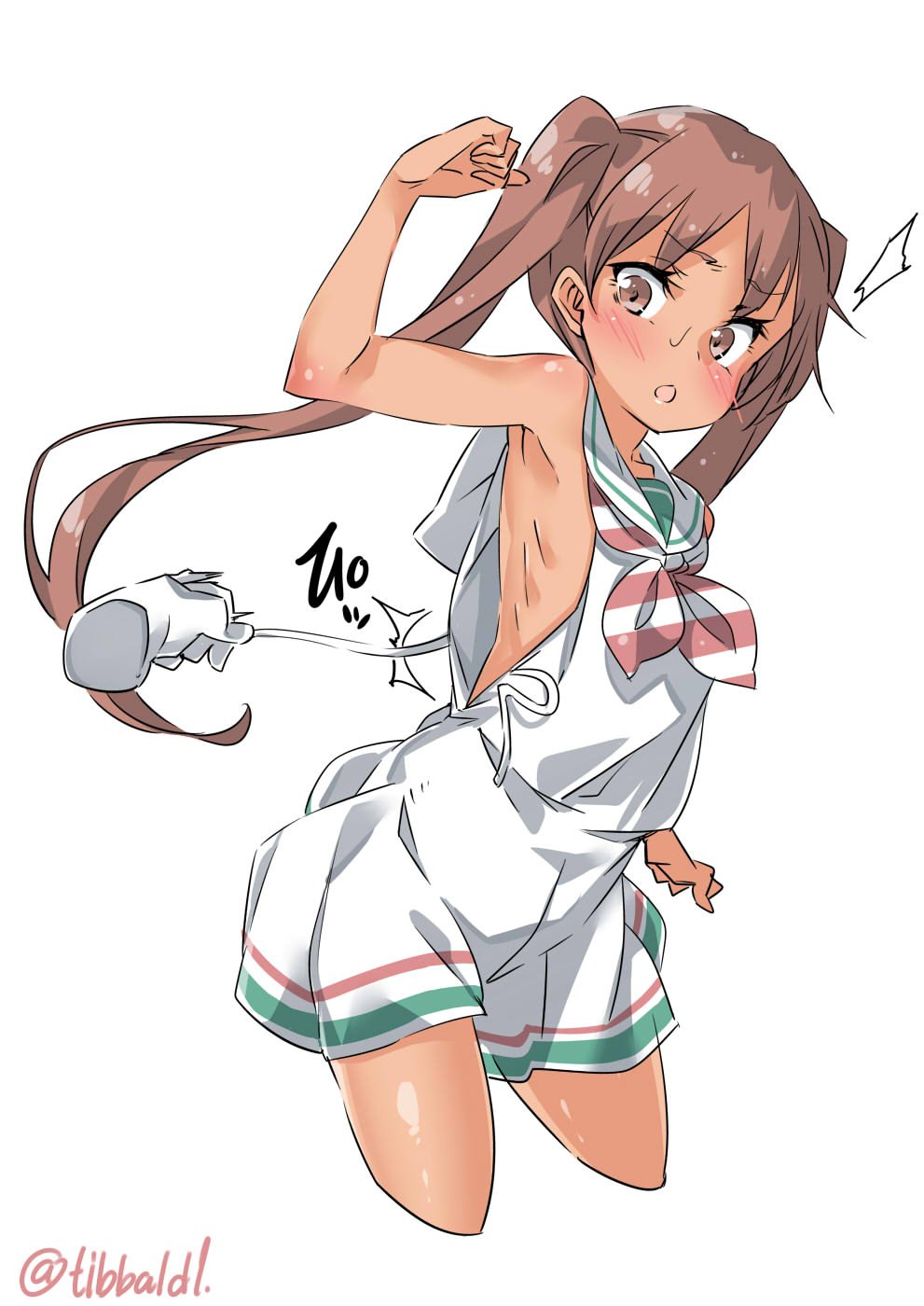 1girl, arm_up, armpits, bangs, bare_arms, blush, brown_eyes, brown_hair