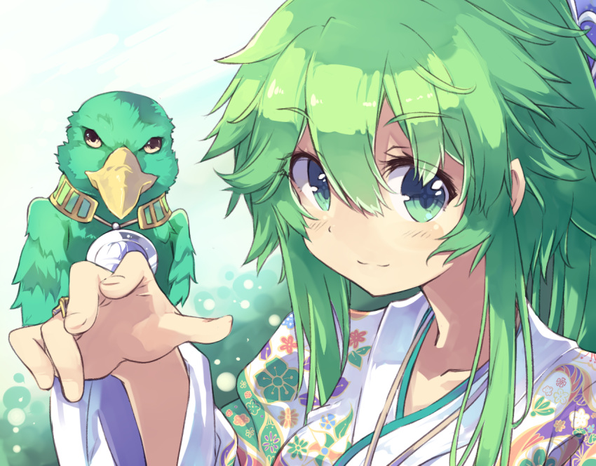 1girl, bangs, bird, blush, closed_mouth, collarbone, commentary_request, duel_monster, eyebrows_visible_through_hair, floral_print, green_eyes, green_hair, gusto_gulldo, hair_between_eyes, hand_up, japanese_clothes, kimono, long_hair, long_sleeves, looking_at_viewer, nomalandnomal, portrait, print_kimono, sidelocks, smile, traditional_clothes, winda_priestess_of_gusto, yellow_eyes, yu-gi-oh!