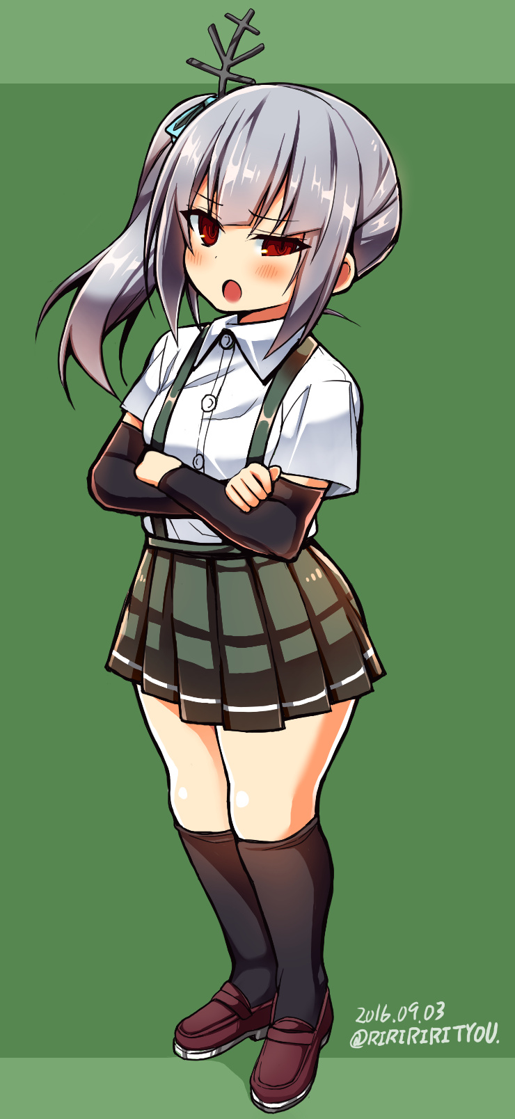 1girl, arm_warmers, black_legwear, blush, crossed_arms, dated, fullbody, green_background
