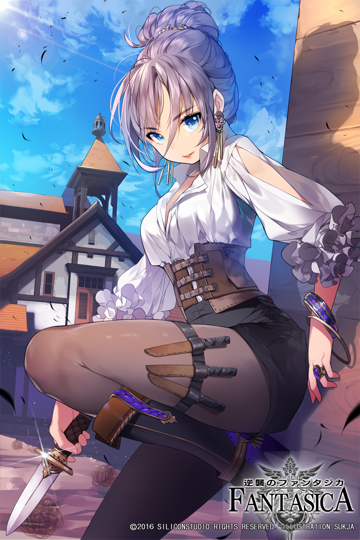 1girl, bangs, bell_tower, blue_eyes, boots, bracelet, copyright_name, corset