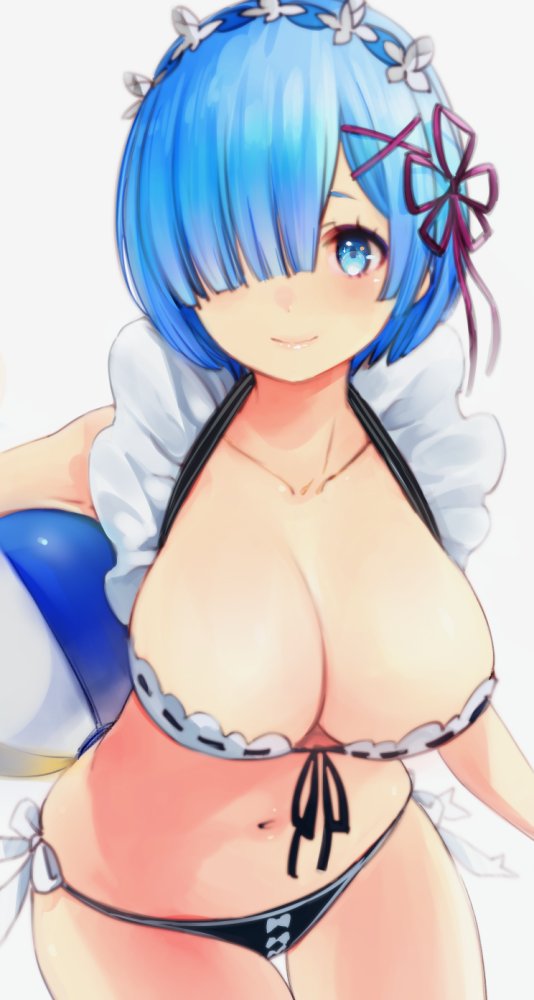 1girl, ball, bikini, black_bikini, blue_eyes, blue_hair, blush, breasts