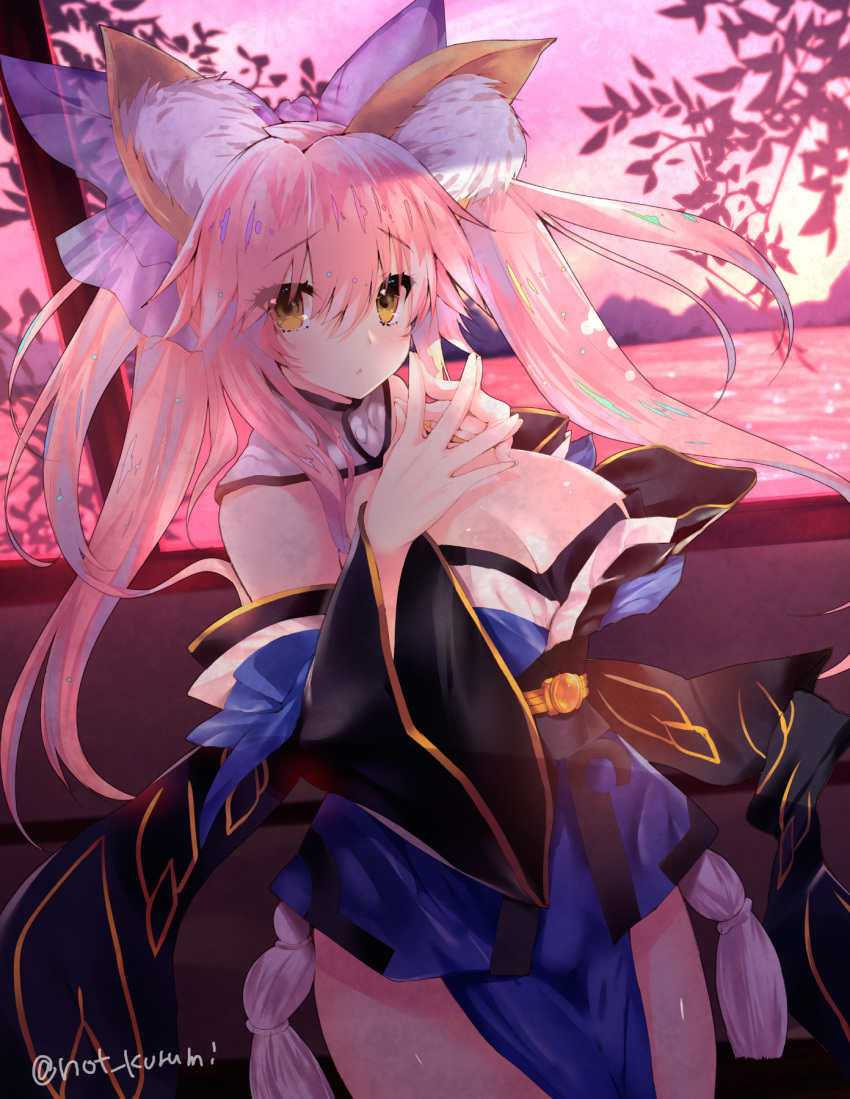 1girl, animal_ears, bare_shoulders, bow, breasts, cleavage, cowboy_shot, detached_collar