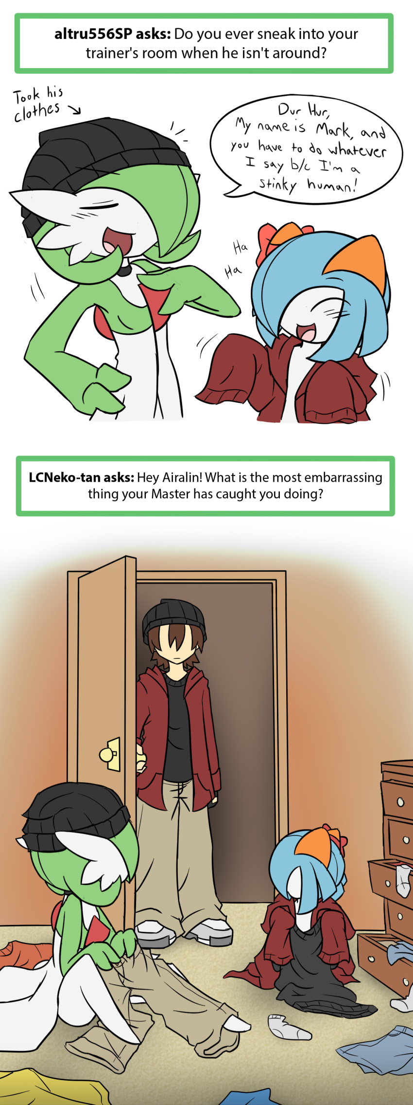 absurdres, airalin_(mark_folks), alternate_color, blush, choker, comic, english, gardevoir