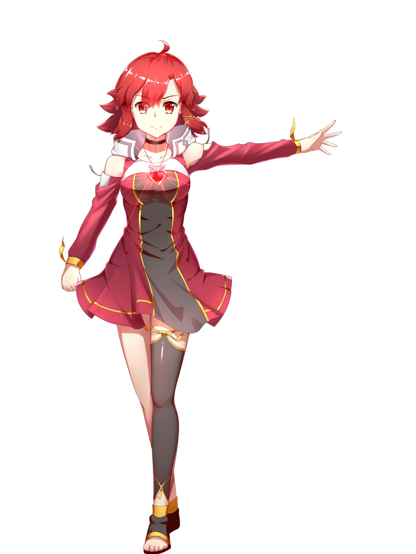 >:(, 1girl, absurdres, ahoge, asymmetrical_legwear, bare_legs, black_choker, black_legwear, breasts, choker, clenched_hand, closed_mouth, collarbone, dress, eyebrows_visible_through_hair, eyes_visible_through_hair, female, frown, full_body, gem, glowing, glowing_gem, glowing_jewelry, hair_between_eyes, hair_ornament, highres, izetta, jewelry, kuma_(1547761808), legs, long_sleeves, looking_at_viewer, matching_hair/eyes, medium_breasts, mismatched_legwear, neck, off-shoulder_dress, open_toe_shoes, outstretched_arm, outstretched_hand, pendant, red_dress, red_eyes, redhead, ruby_(stone), serious, shiny, shiny_hair, shoes, short_hair, shuumatsu_no_izetta, simple_background, single_thighhigh, solo, standing, thigh-highs, white_background