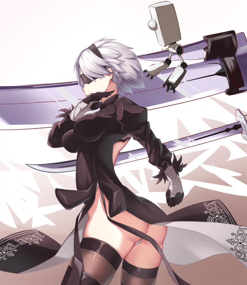 1girl, ass, bad_anatomy, black_dress, blindfold, breasts, clenched_hands, cowboy_shot