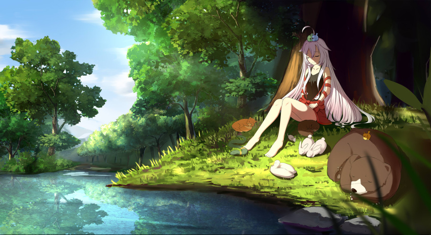 1girl, against_tree, ahoge, animal, animal_on_head, barefoot, bear, bird