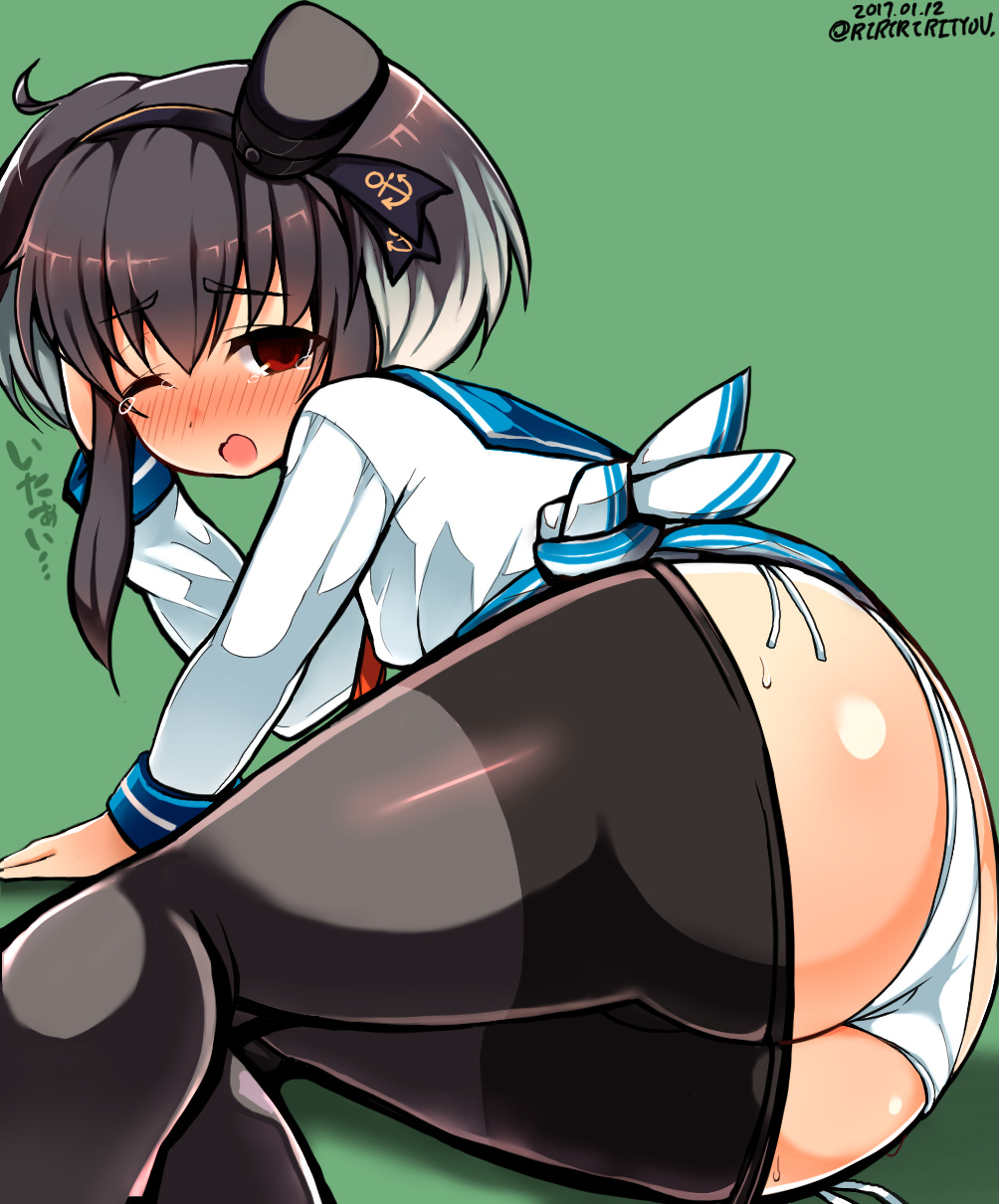 1girl, 2017, ass, black_hair, black_legwear, blush, damaged, dated