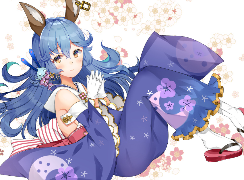 1girl, alternate_costume, animal_ears, bare_shoulders, bent_knees, blue_hair, blue_kimono, breasts