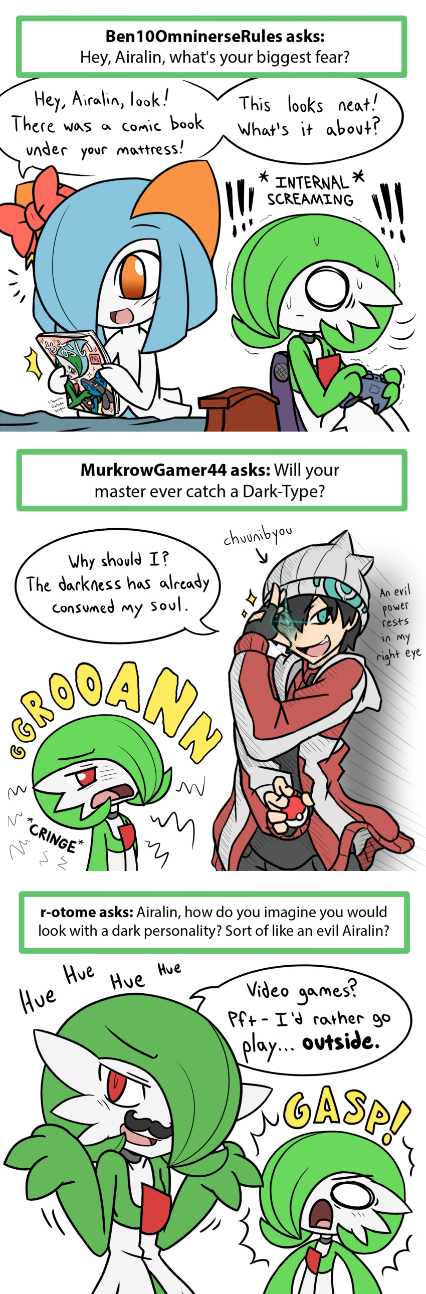 absurdres, airalin_(mark_folks), alan_noir_(mark_folks), alternate_color, blush, choker, chuunibyou, comic, commentary, english, gardevoir, highres, kirlia, long_image, mark_folks, pokemon, pokemon_(creature), red_eyes, simple_background, smile, solo, tall_image, white_background