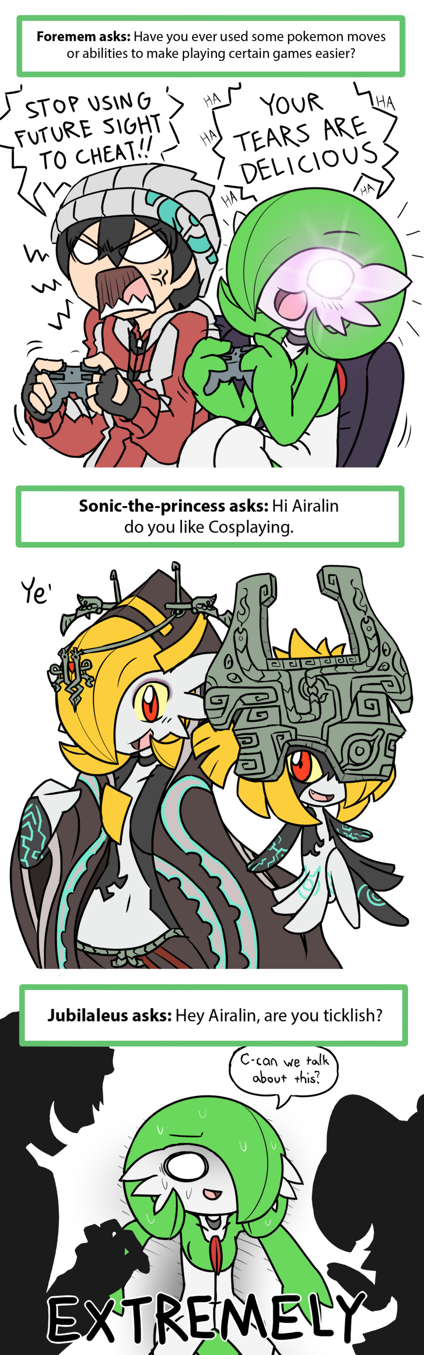 absurdres, airalin_(mark_folks), alan_noir_(mark_folks), blush, comic, english, gardevoir, highres, kirlia, long_image, mark_folks, midna, o_o, open_mouth, pointy_ears, pokemon, pokemon_(creature), red_eyes, serene_(mark_folks), simple_background, smile, tall_image, the_legend_of_zelda, the_legend_of_zelda:_twilight_princess, white_background
