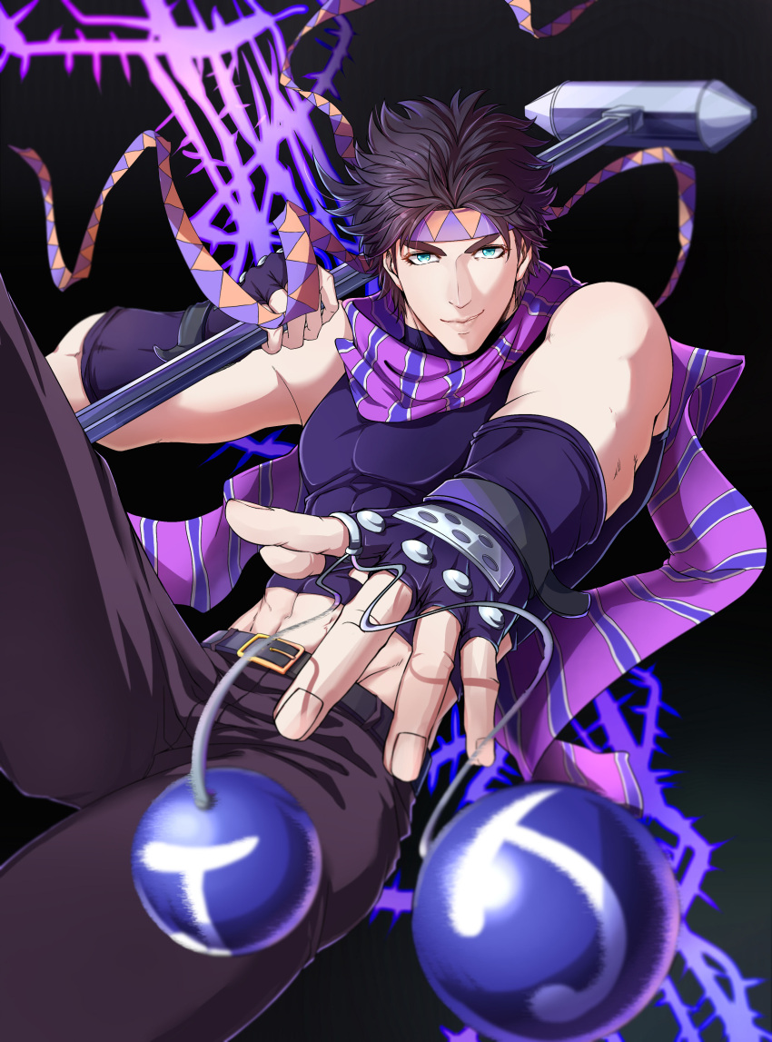 1boy, absurdres, blue_eyes, blurry, bola_(weapon), brown_hair, depth_of_field, fingerless_gloves