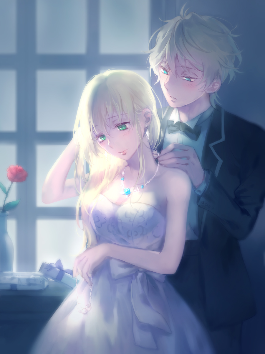 1boy, 1girl, aldnoah.zero, aqua_eyes, asseylum_vers_allusia, bangs, bare_arms, bare_shoulders