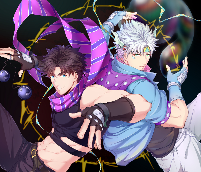2boys, absurdres, blue_eyes, blue_jacket, bola_(weapon), brown_hair, bubble, caesar_anthonio_zeppeli, crop-top, facial_mark, fingerless_gloves, gloves, headband, highres, jacket, jojo_no_kimyou_na_bouken, joseph_joestar_(young), midriff, multiple_boys, scarf, shin_(840573976), striped, striped_scarf, white_hair