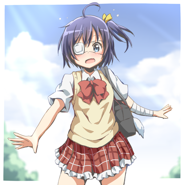 1girl, ahoge, bandage, black_hair, blue_eyes, chuunibyou_demo_koi_ga_shitai!, eyepatch, facing_viewer, frilled_skirt, frills, looking_at_viewer, one_side_up, open_mouth, plaid, plaid_skirt, red_skirt, riai_(onsen), school_uniform, short_hair, side_ponytail, skirt, solo, takanashi_rikka