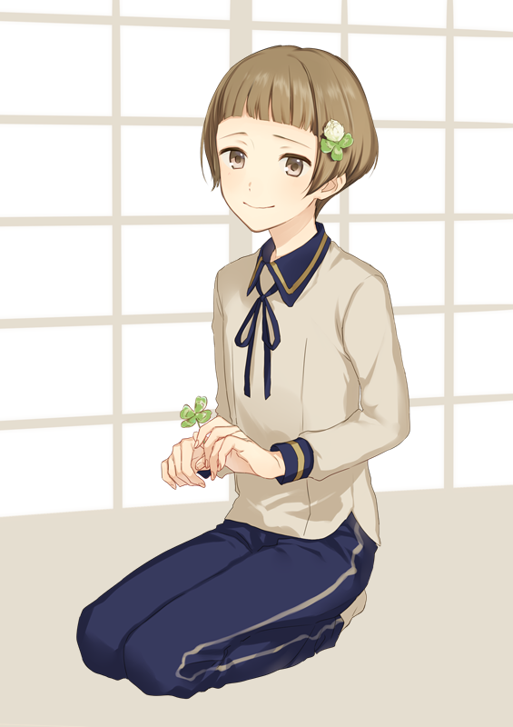 1boy, bob_cut, brown_eyes, brown_hair, clover, flower, four-leaf_clover, hair_flower